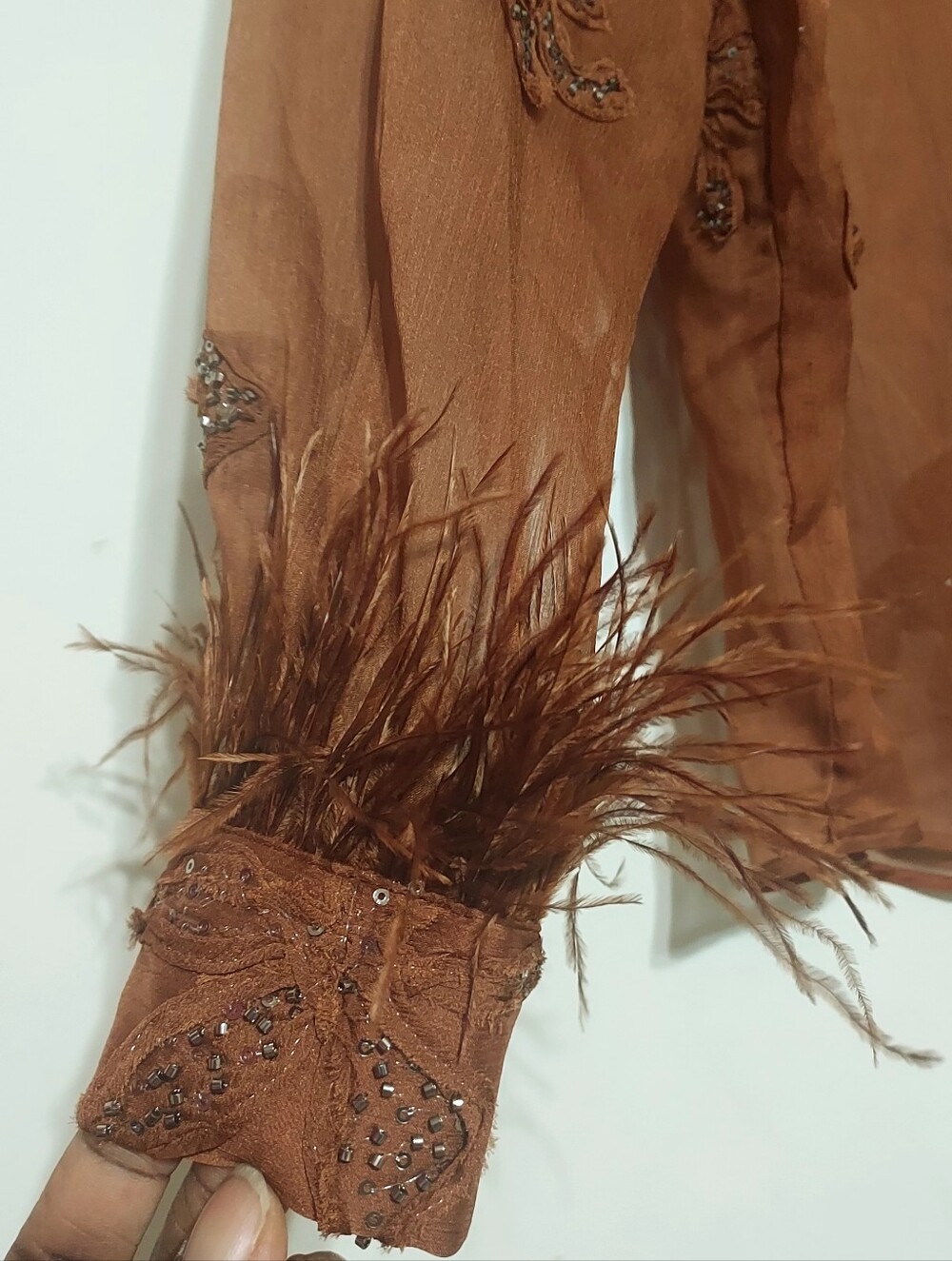 Zara Semi-sheer Floral Beaded Embroidery Feathered Long Sleeve With Front Button - Picture 8 of 11